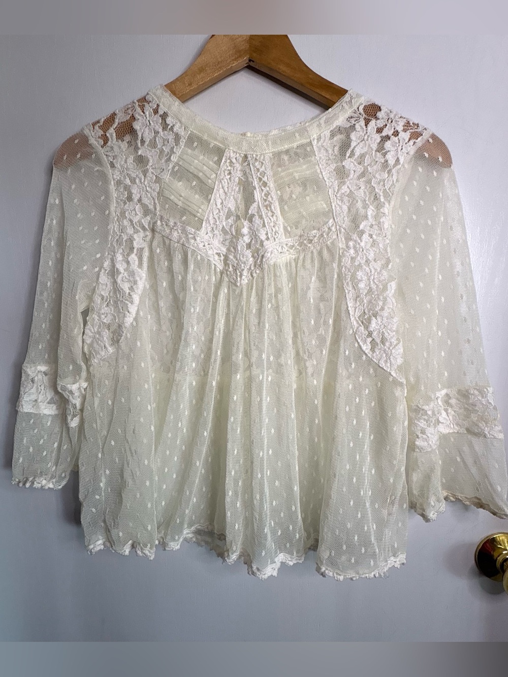 Free People Sheer Lace & Swiss Dot Peplum Peasant Blouse Boho Fairy Coquette